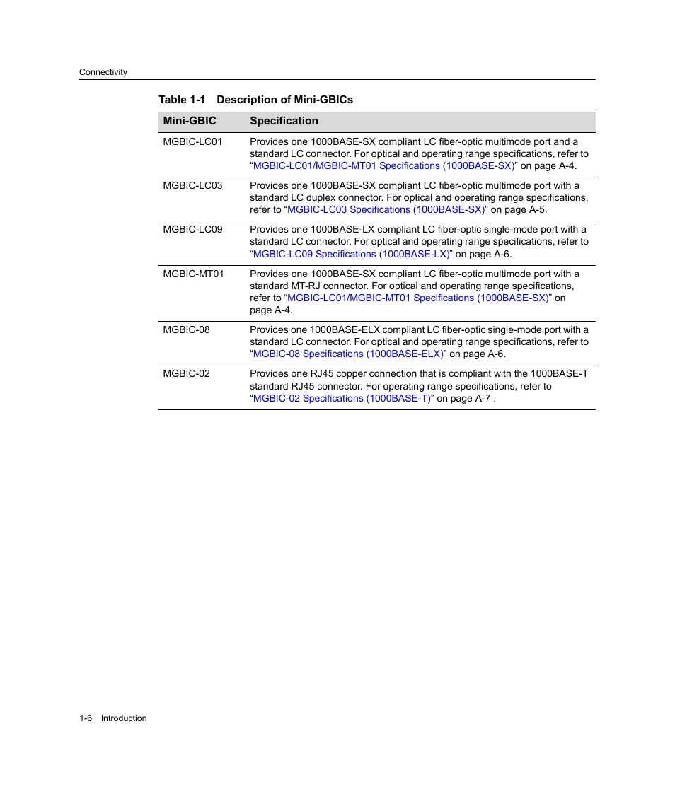 Description of mini-gbics -6, Table 1‐1 | Enterasys Networks Enterasys SecureStack B2 B2G124-24 User Manual | Page 26 / 80