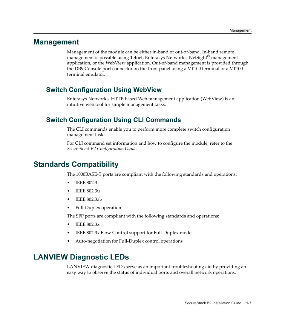 Management, Switch configuration using webview, Switch configuration using cli commands | Standards compatibility, Lanview diagnostic leds, Management -7, Standards compatibility -7 lanview diagnostic leds | Enterasys Networks Enterasys SecureStack B2 B2G124-24 User Manual | Page 27 / 80