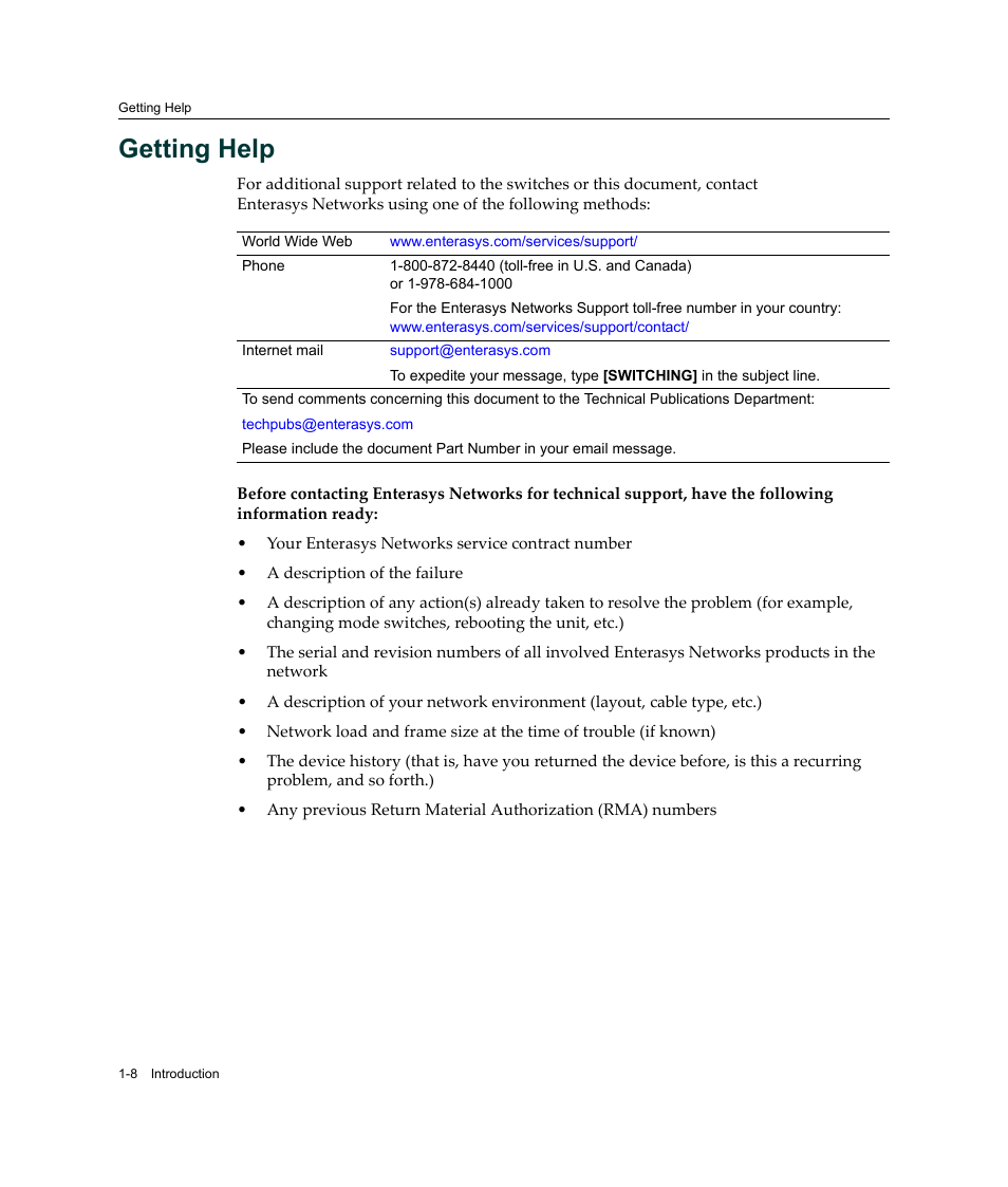 Getting help, Getting help -8 | Enterasys Networks Enterasys SecureStack B2 B2G124-24 User Manual | Page 28 / 80