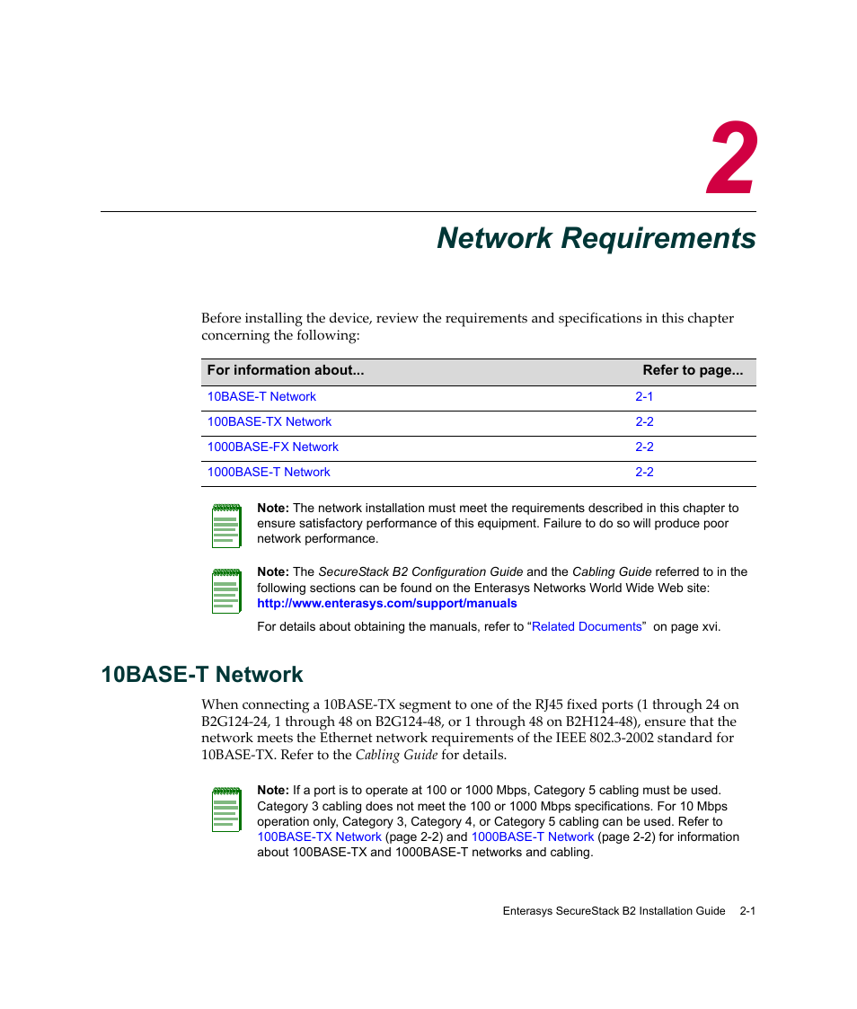 Network requirements, 10base-t network, Chapter 2: network requirements | 10base-t network -1, Hapter 2 | Enterasys Networks Enterasys SecureStack B2 B2G124-24 User Manual | Page 29 / 80