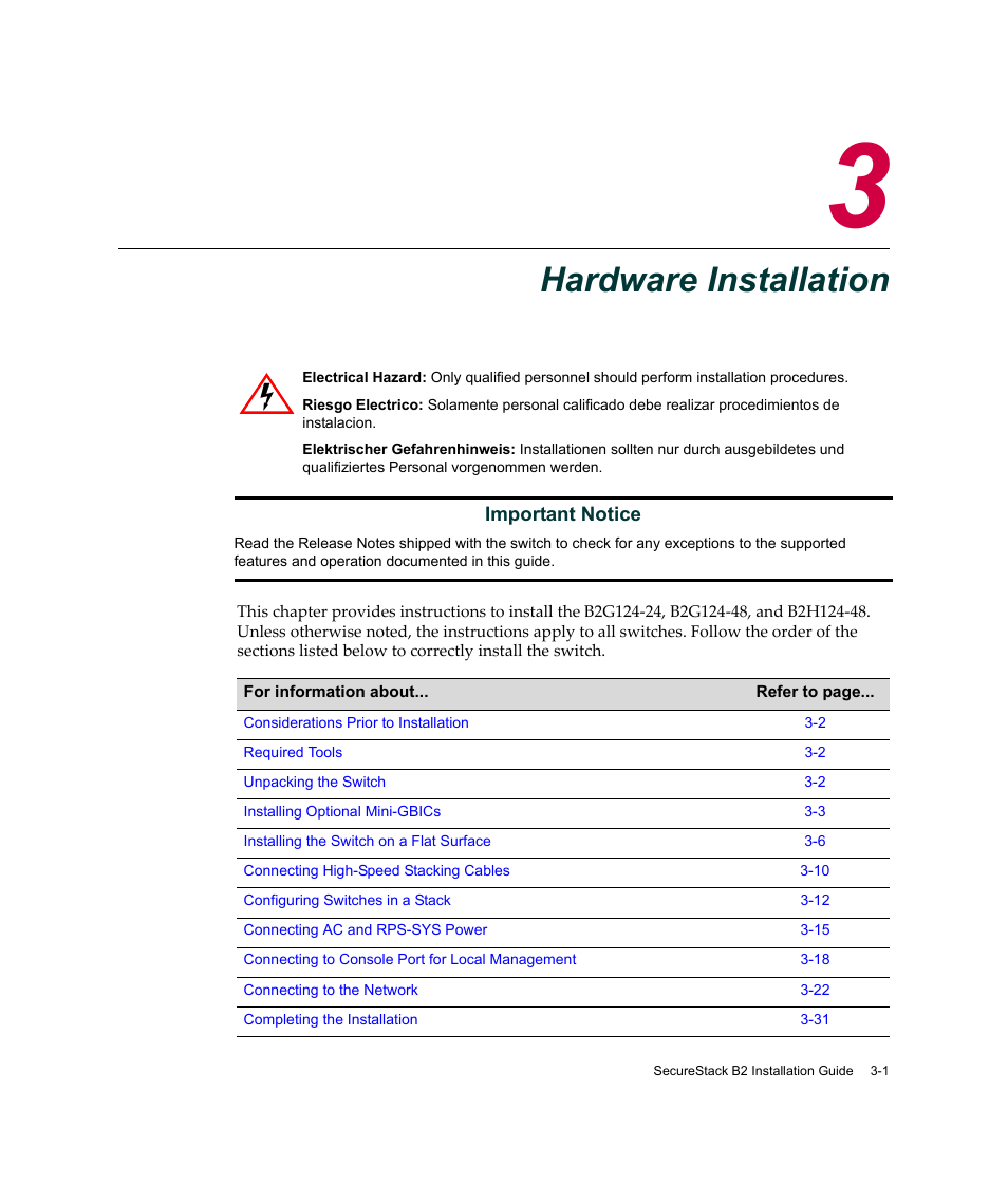 Hardware installation, Chapter 3: hardware installation, Hapter 3 | Enterasys Networks Enterasys SecureStack B2 B2G124-24 User Manual | Page 31 / 80