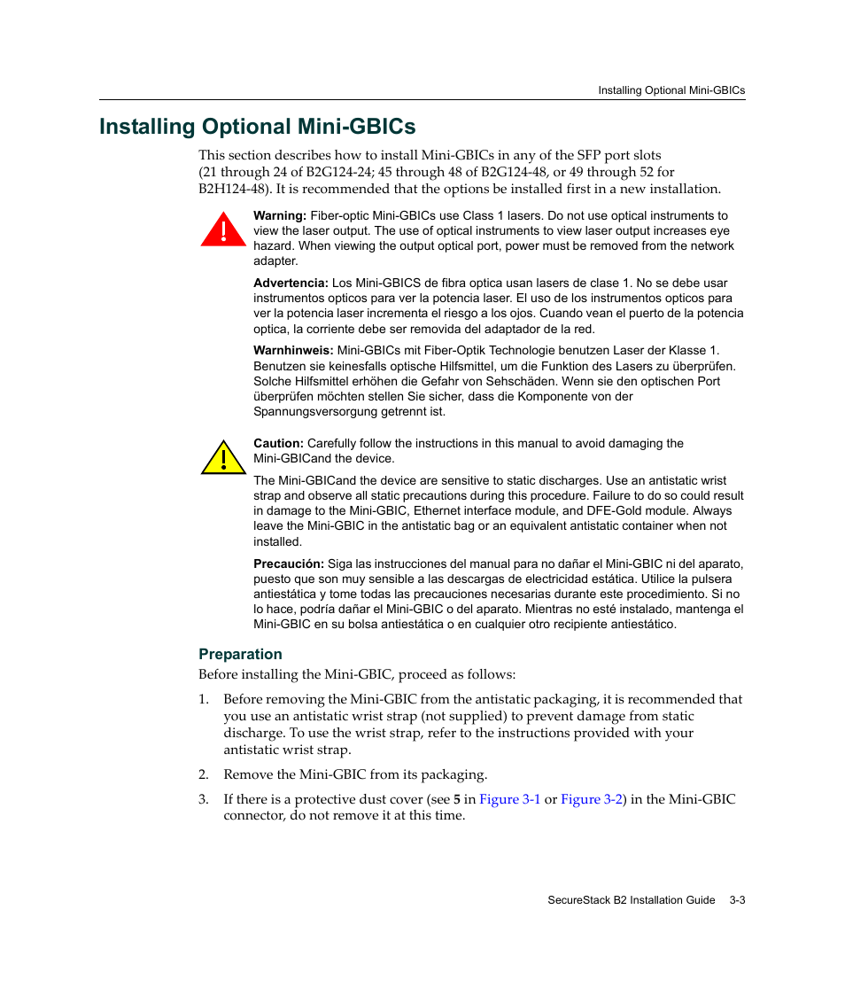 Installing optional mini-gbics, Installing optional mini-gbics -3 | Enterasys Networks Enterasys SecureStack B2 B2G124-24 User Manual | Page 33 / 80