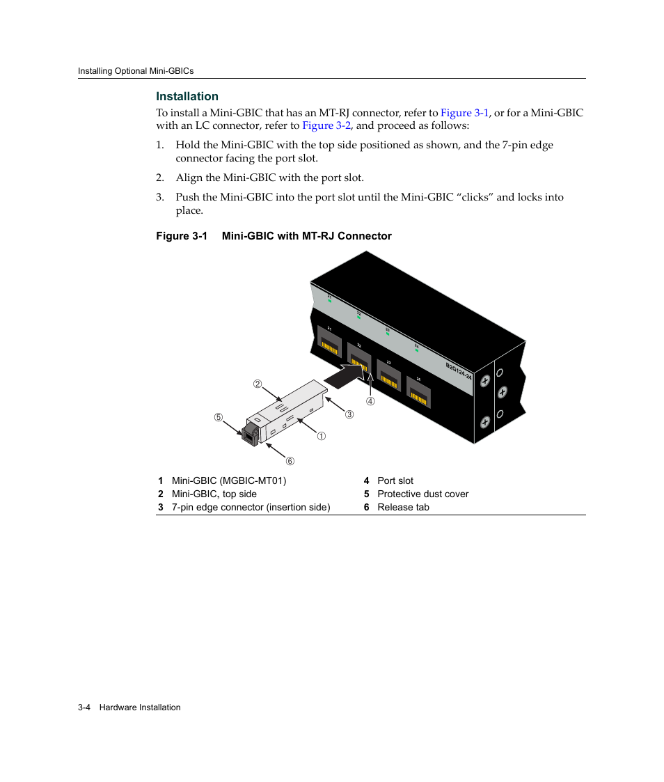 Mini-gbic with mt-rj connector -4, Figure 3‐1, Installation | Enterasys Networks Enterasys SecureStack B2 B2G124-24 User Manual | Page 34 / 80