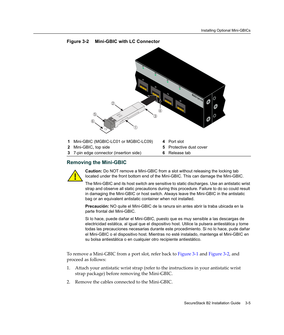 Mini-gbic with lc connector -5, Figure 3‐2, Removing the mini-gbic | Enterasys Networks Enterasys SecureStack B2 B2G124-24 User Manual | Page 35 / 80