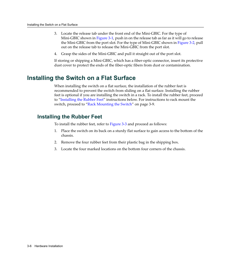 Installing the switch on a flat surface, Installing the rubber feet, Installing the switch on a flat surface -6 | Installing the rubber feet -6 | Enterasys Networks Enterasys SecureStack B2 B2G124-24 User Manual | Page 36 / 80