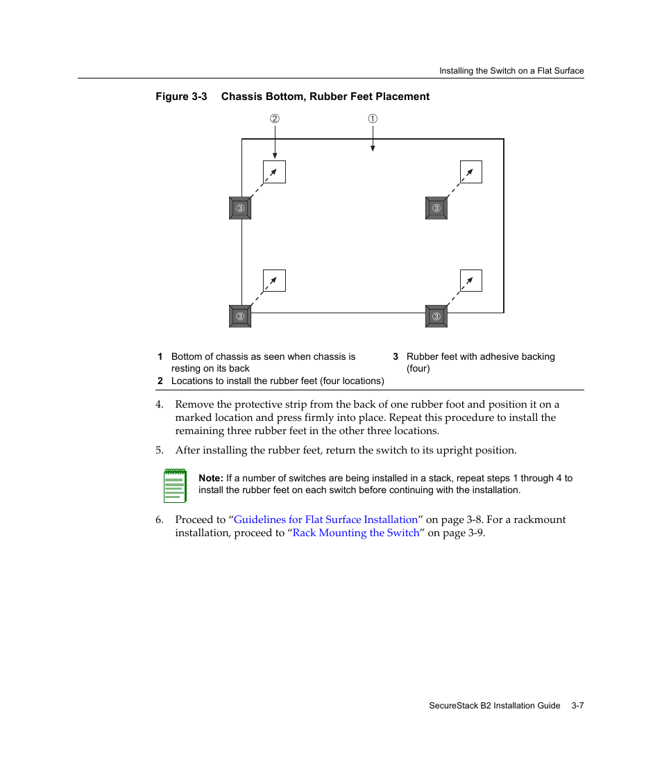 Chassis bottom, rubber feet placement -7, Figure 3‐3 | Enterasys Networks Enterasys SecureStack B2 B2G124-24 User Manual | Page 37 / 80