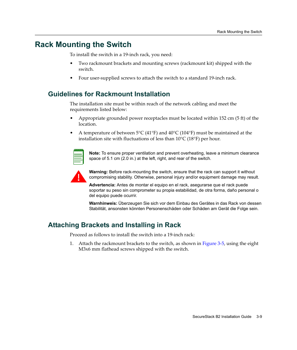 Rack mounting the switch, Guidelines for rackmount installation, Attaching brackets and installing in rack | Rack mounting the switch -9 | Enterasys Networks Enterasys SecureStack B2 B2G124-24 User Manual | Page 39 / 80