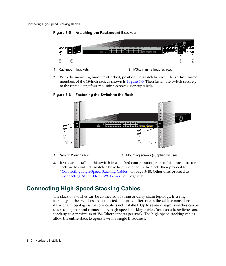 Connecting high-speed stacking cables, Connecting high-speed stacking cables -10, Attaching the rackmount brackets -10 | Fastening the switch to the rack -10, Connecting high‐speed stacking cables, Connecting high‐speed, Stacking cables, Ба б а | Enterasys Networks Enterasys SecureStack B2 B2G124-24 User Manual | Page 40 / 80