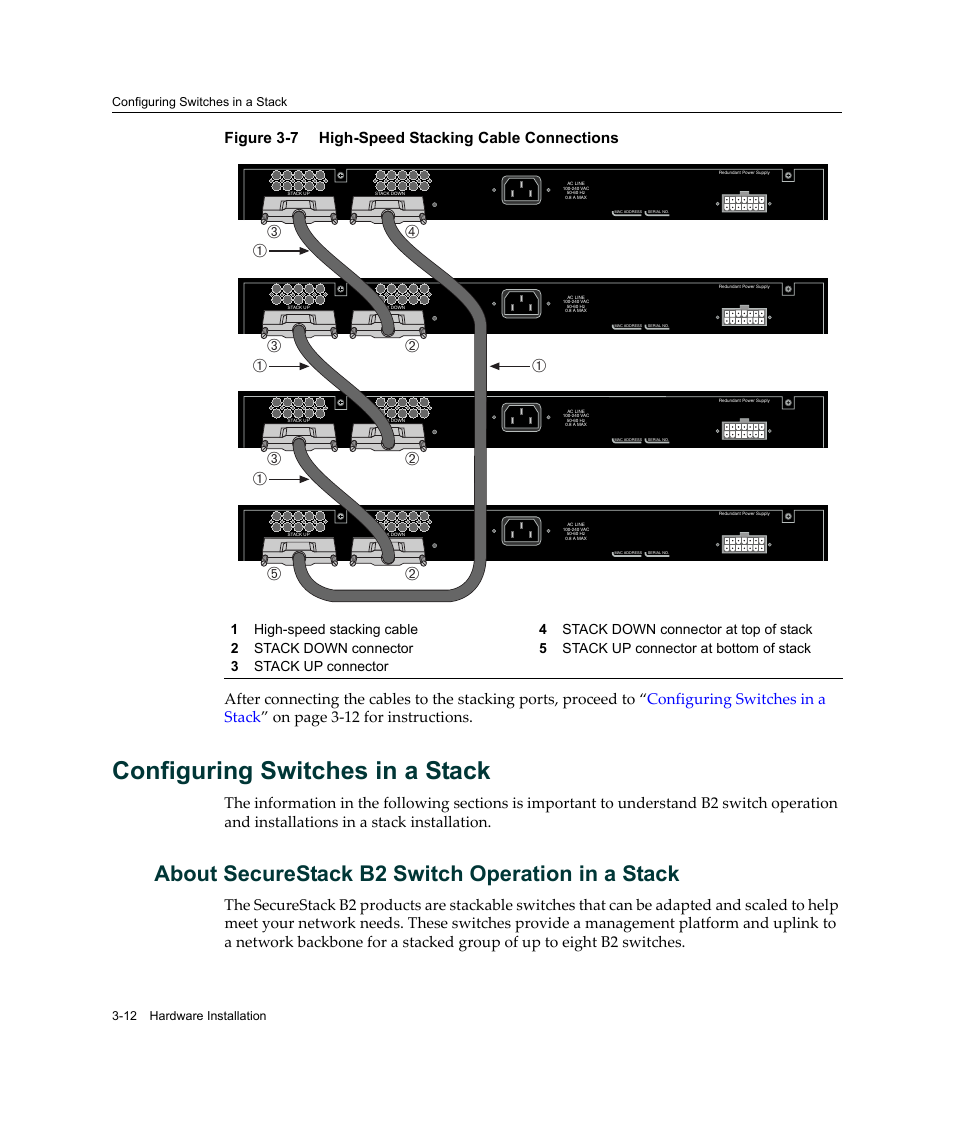 Configuring switches in a stack, About securestack b2 switch operation in a stack, Configuring switches in a stack -12 | High-speed stacking cable connections -12 | Enterasys Networks Enterasys SecureStack B2 B2G124-24 User Manual | Page 42 / 80