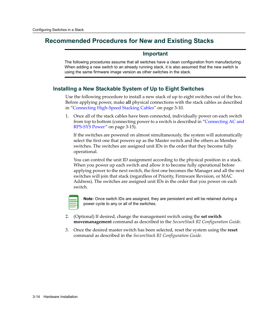 Recommended procedures for new and existing stacks | Enterasys Networks Enterasys SecureStack B2 B2G124-24 User Manual | Page 44 / 80