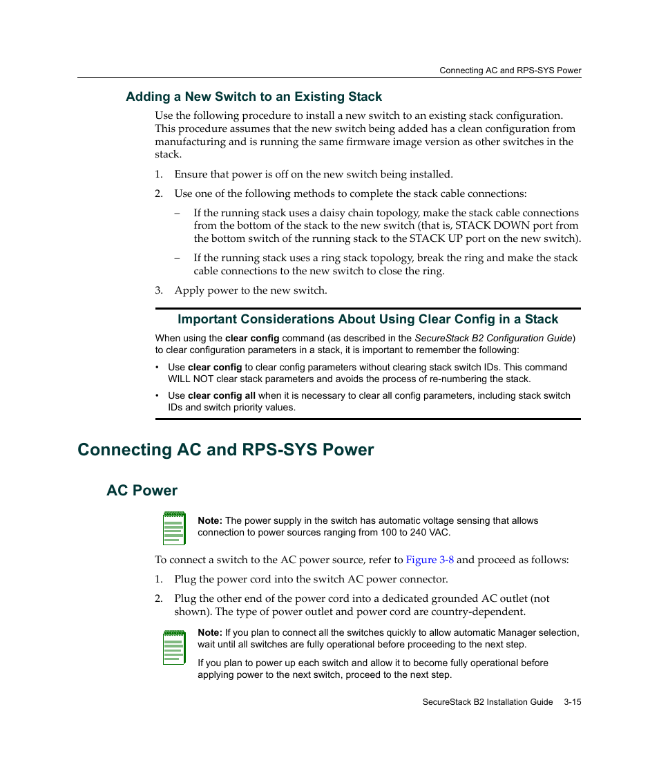 Connecting ac and rps-sys power, Ac power, Connecting ac and rps-sys power -15 | Ac power -15, Connecting ac and rps‐sys power, Connecting ac and, Rps‐sys power | Enterasys Networks Enterasys SecureStack B2 B2G124-24 User Manual | Page 45 / 80