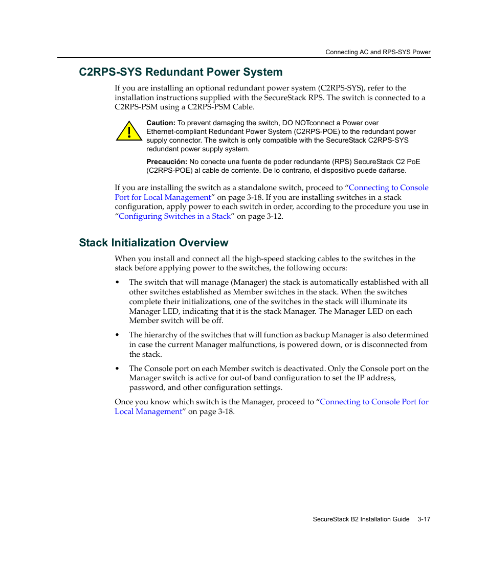 C2rps-sys redundant power system, Stack initialization overview | Enterasys Networks Enterasys SecureStack B2 B2G124-24 User Manual | Page 47 / 80