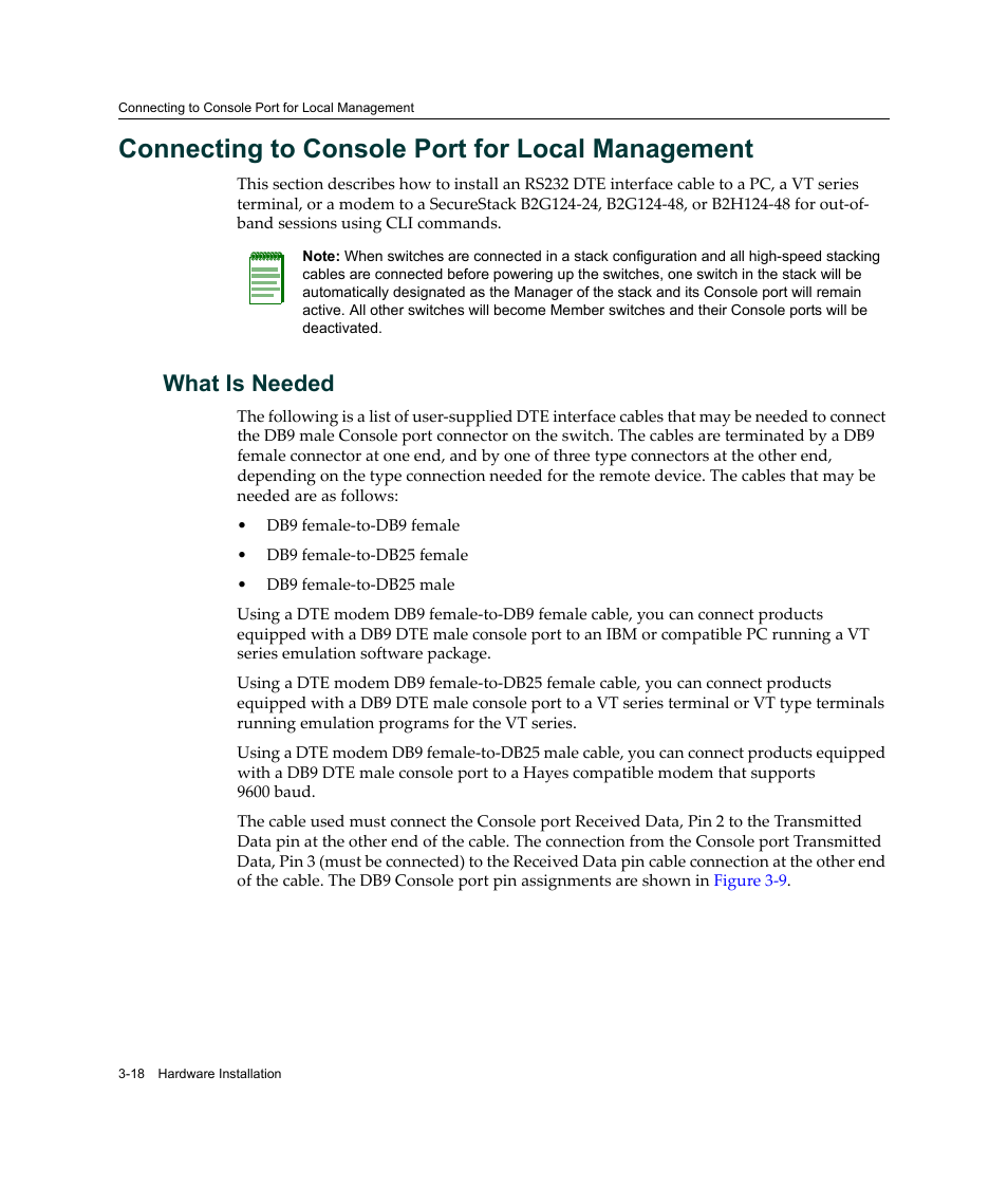 Connecting to console port for local management, What is needed, What is needed -18 | Connecting to console, Port for local management, Connecting to console port for, Local management | Enterasys Networks Enterasys SecureStack B2 B2G124-24 User Manual | Page 48 / 80