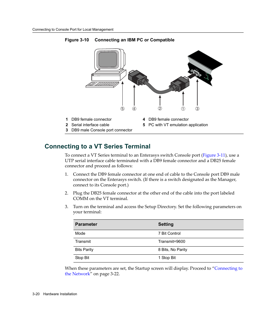 Connecting to a vt series terminal, Connecting to a vt series terminal -20, Connecting an ibm pc or compatible -20 | Figure 3‐10, Вг б а д | Enterasys Networks Enterasys SecureStack B2 B2G124-24 User Manual | Page 50 / 80