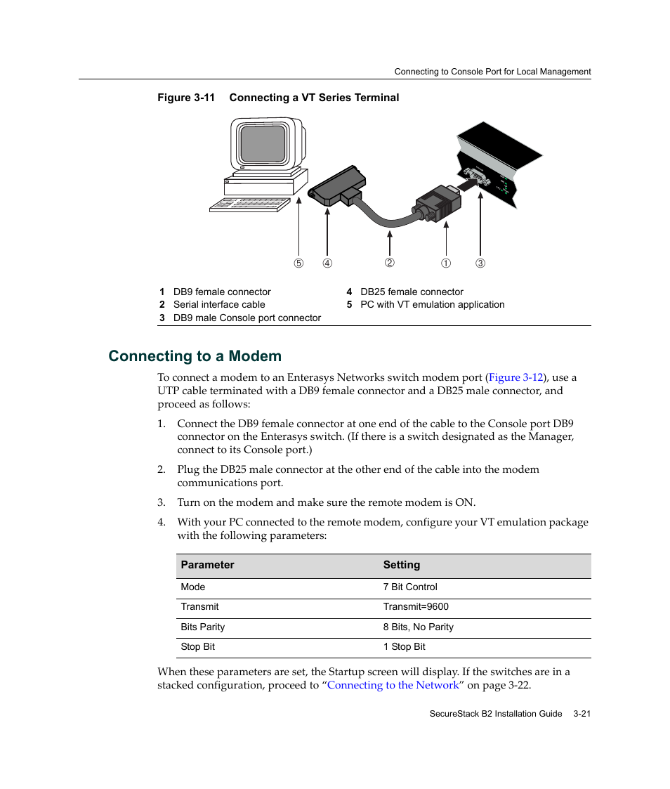 Connecting to a modem, Connecting to a modem -21, Connecting a vt series terminal -21 | Figure 3‐11, Вг б а д | Enterasys Networks Enterasys SecureStack B2 B2G124-24 User Manual | Page 51 / 80