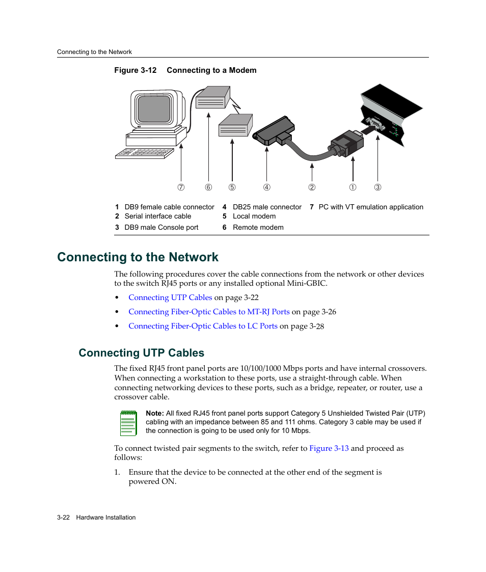 Connecting to the network, Connecting utp cables, Connecting to the network -22 | Connecting utp cables -22, Connecting to a modem -22, Connecting to, The network, Figure 3‐12 | Enterasys Networks Enterasys SecureStack B2 B2G124-24 User Manual | Page 52 / 80