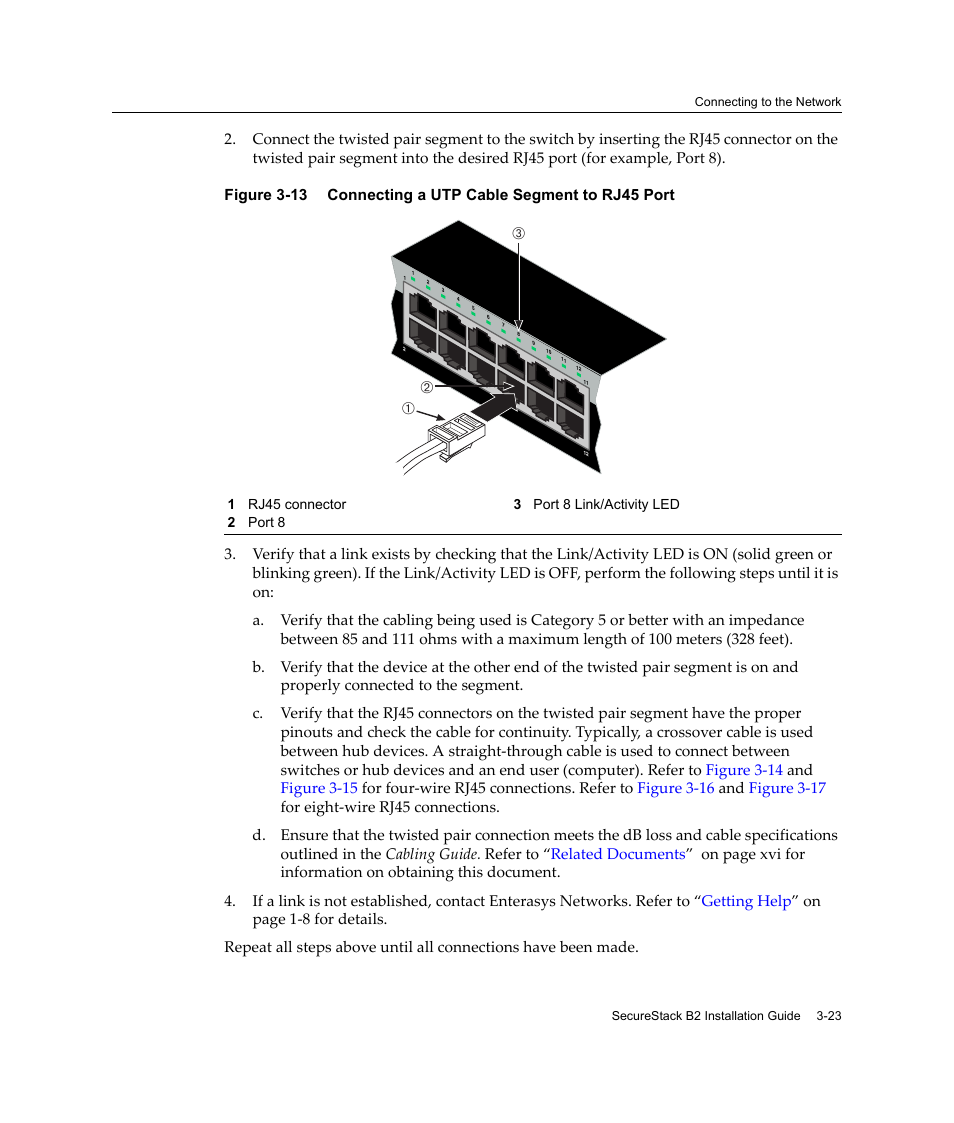 Connecting a utp cable segment to rj45 port -23, Figure 3‐13, Ва б | Enterasys Networks Enterasys SecureStack B2 B2G124-24 User Manual | Page 53 / 80