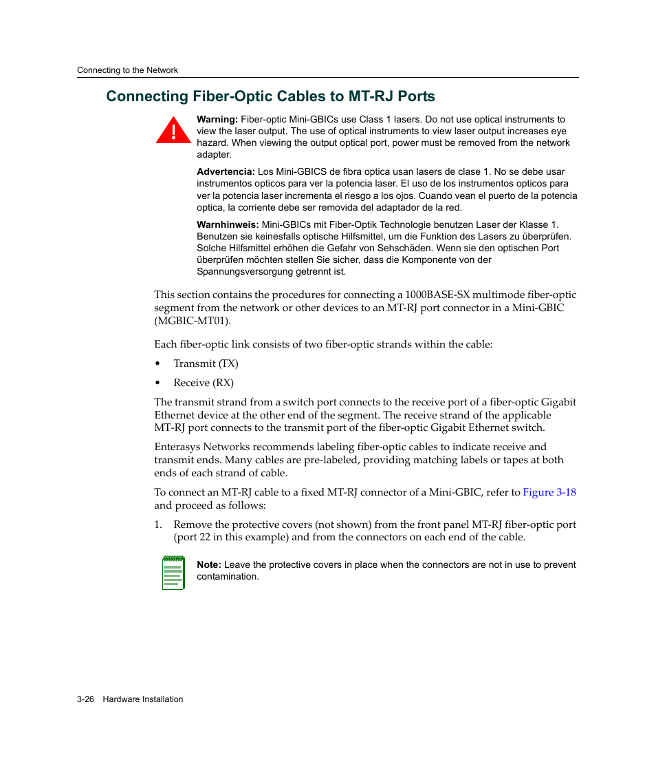 Connecting fiber-optic cables to mt-rj ports, Connecting fiber-optic cables to mt-rj ports -26, Connecting fiber‐optic cables to mt‐rj ports | Enterasys Networks Enterasys SecureStack B2 B2G124-24 User Manual | Page 56 / 80