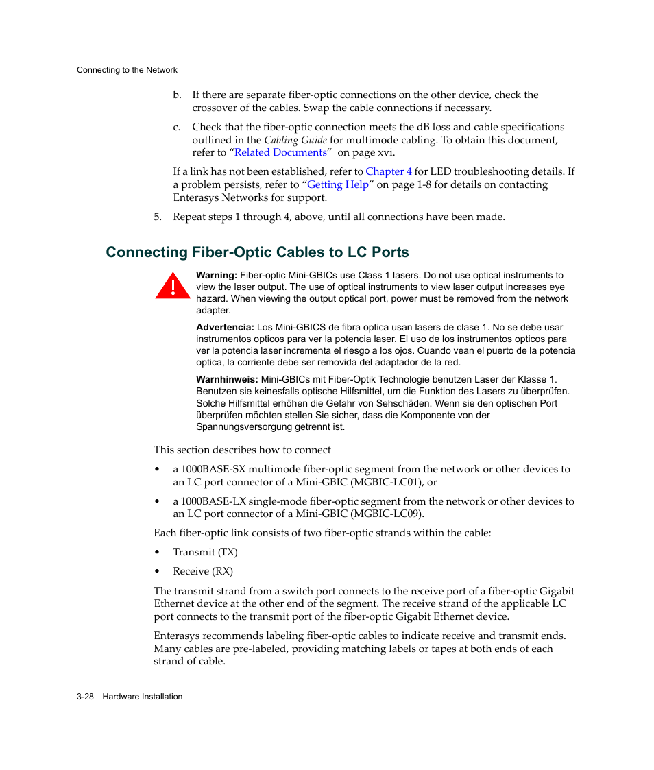 Connecting fiber-optic cables to lc ports, Connecting fiber-optic cables to lc ports -28, Connecting fiber‐optic cables to lc ports | Enterasys Networks Enterasys SecureStack B2 B2G124-24 User Manual | Page 58 / 80