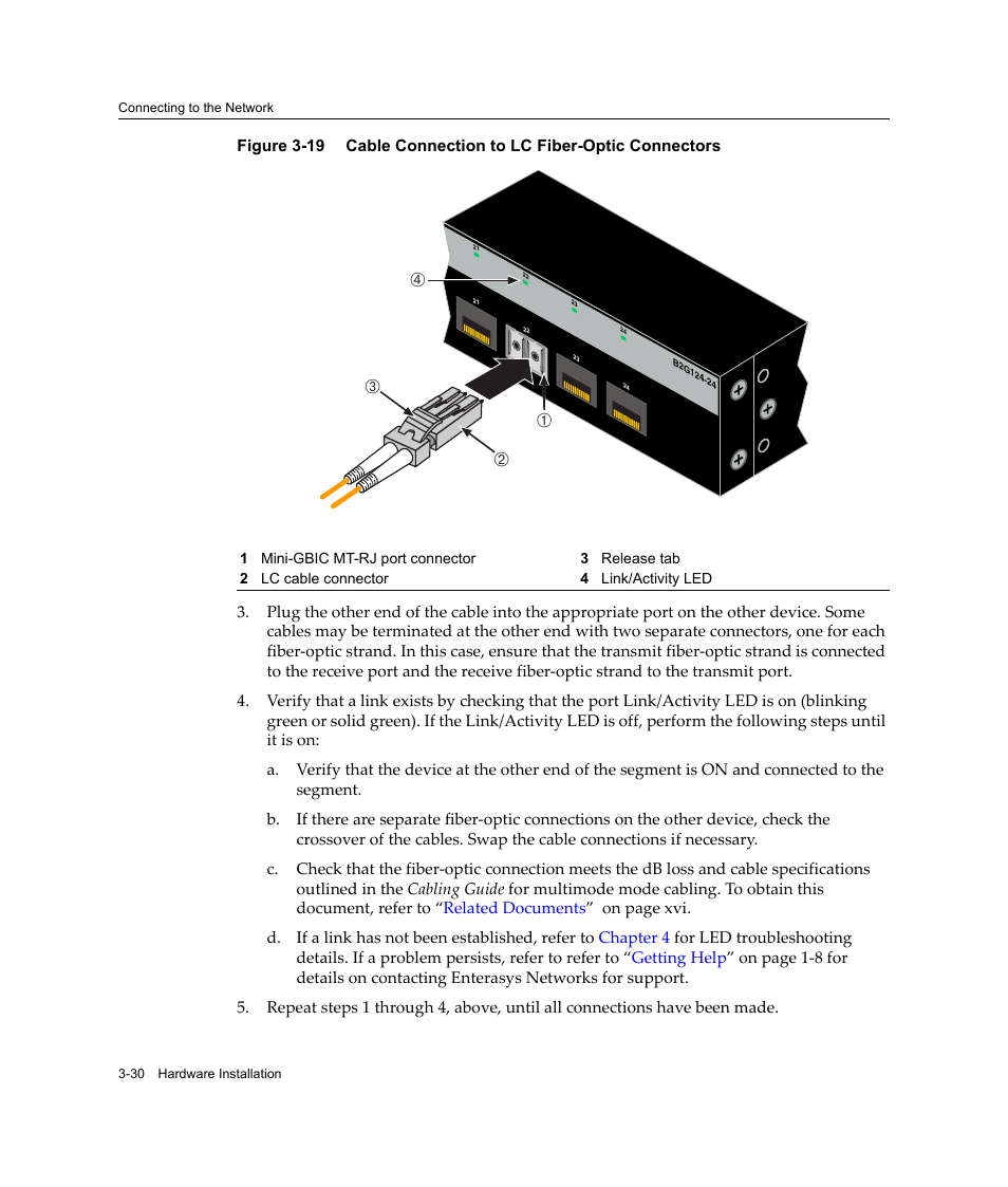 Cable connection to lc fiber-optic connectors -30, Ав б г | Enterasys Networks Enterasys SecureStack B2 B2G124-24 User Manual | Page 60 / 80