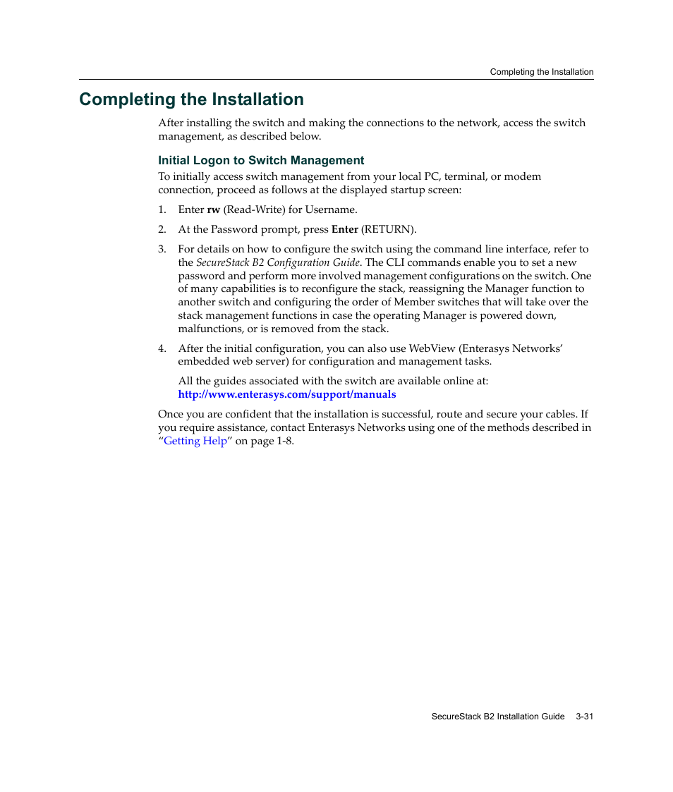 Completing the installation, Completing the installation -31 | Enterasys Networks Enterasys SecureStack B2 B2G124-24 User Manual | Page 61 / 80