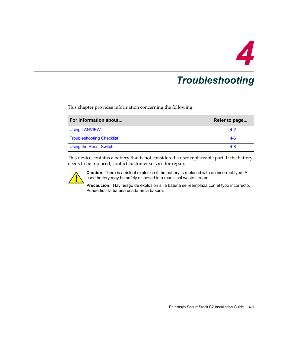 Troubleshooting, Chapter 4: troubleshooting, Hapter 4 | Chapter 4 | Enterasys Networks Enterasys SecureStack B2 B2G124-24 User Manual | Page 63 / 80