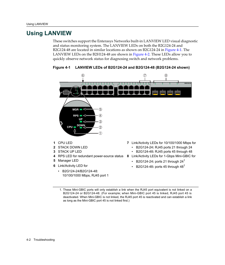 Using lanview, Using lanview -2, Жз е | Бв г д а, Using lanview 4-2 troubleshooting | Enterasys Networks Enterasys SecureStack B2 B2G124-24 User Manual | Page 64 / 80