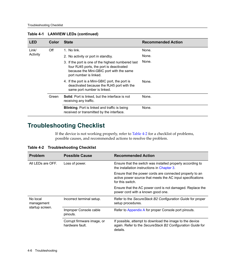 Troubleshooting checklist, Troubleshooting checklist -6 | Enterasys Networks Enterasys SecureStack B2 B2G124-24 User Manual | Page 68 / 80