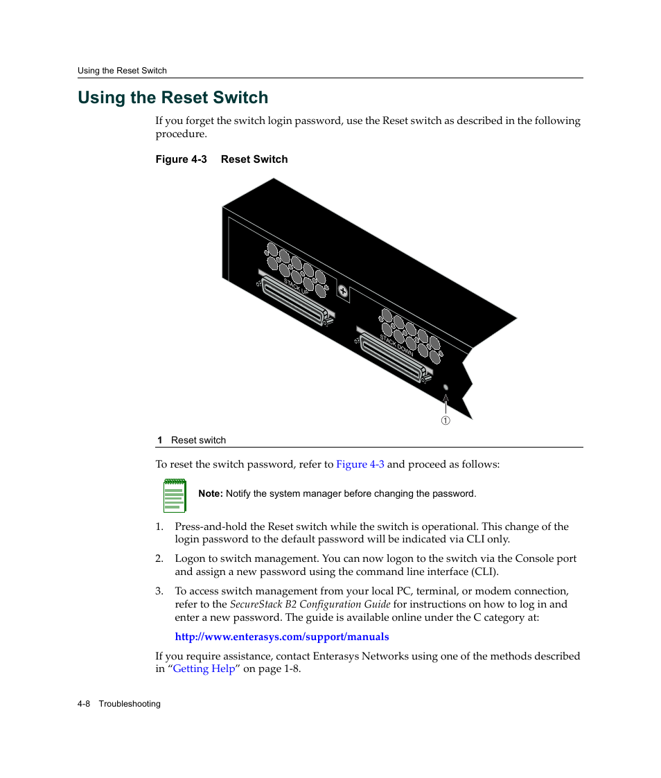 Using the reset switch, Using the reset switch -8, Reset switch -8 | Enterasys Networks Enterasys SecureStack B2 B2G124-24 User Manual | Page 70 / 80