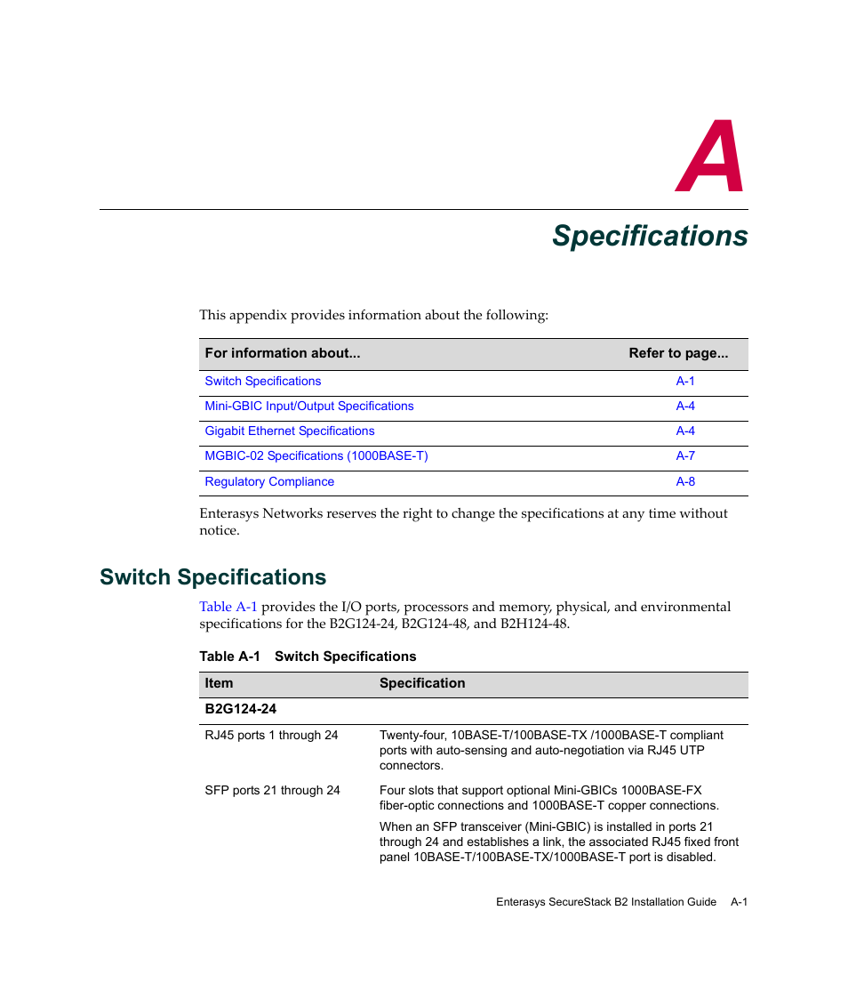 Specifications, Switch specifications, Appendix a: specifications | Appendix a | Enterasys Networks Enterasys SecureStack B2 B2G124-24 User Manual | Page 71 / 80