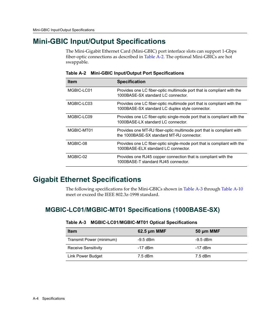 Mini-gbic input/output specifications, Gigabit ethernet specifications, Mgbic-lc01/mgbic-mt01 specifications (1000base-sx) | Enterasys Networks Enterasys SecureStack B2 B2G124-24 User Manual | Page 74 / 80