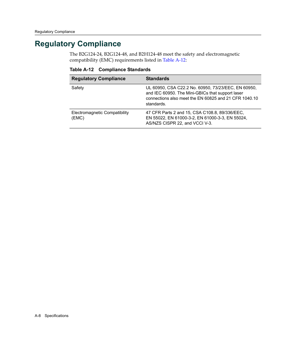 Regulatory compliance, A-12 | Enterasys Networks Enterasys SecureStack B2 B2G124-24 User Manual | Page 78 / 80