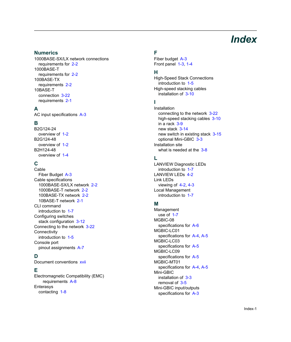 Index, Numerics | Enterasys Networks Enterasys SecureStack B2 B2G124-24 User Manual | Page 79 / 80