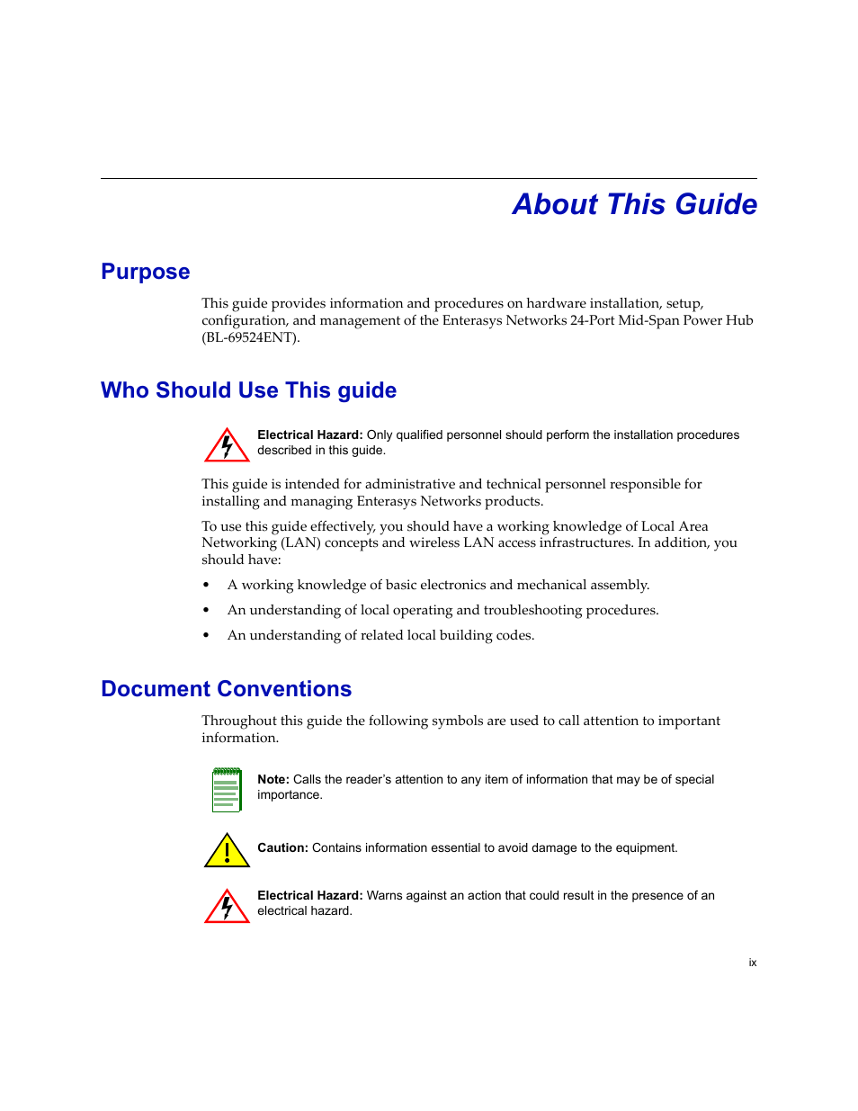 About this guide, Purpose, Who should use this guide | Document conventions | Enterasys Networks 24-Port User Manual | Page 11 / 26