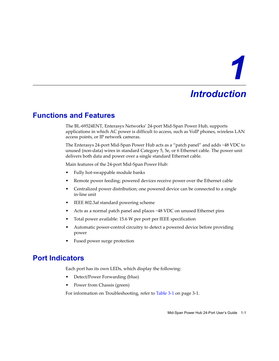 Introduction, Functions and features, Port indicators | Chapter 1: introduction, Functions and features -1 port indicators -1 | Enterasys Networks 24-Port User Manual | Page 13 / 26