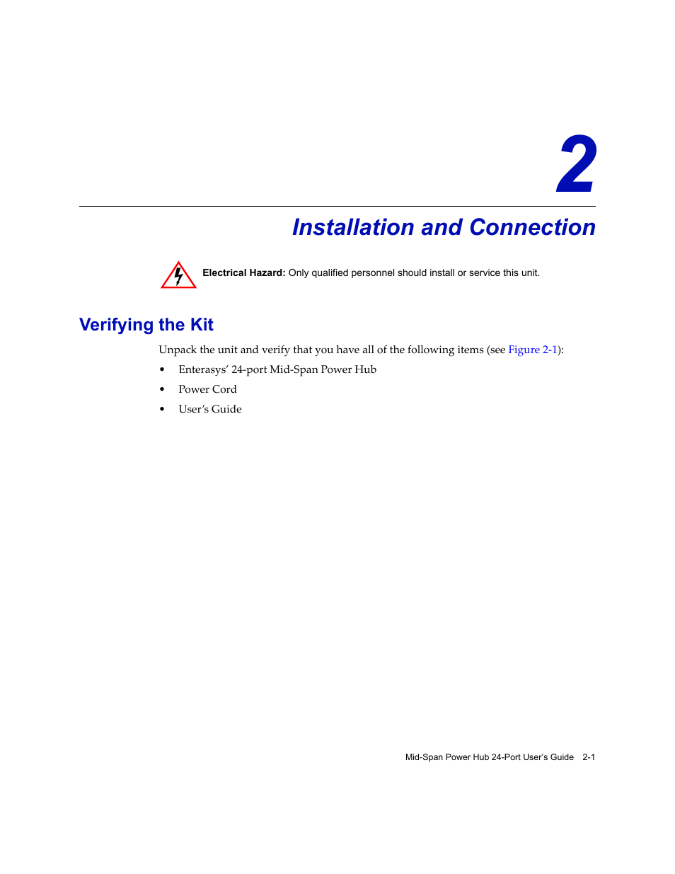 Installation and connection, Verifying the kit, Chapter 2: installation and connection | Verifying the kit -1 | Enterasys Networks 24-Port User Manual | Page 15 / 26