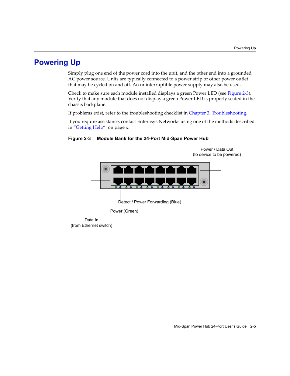 Powering up, Powering up -5, Module bank for the 24-port mid-span power hub -5 | Enterasys Networks 24-Port User Manual | Page 19 / 26