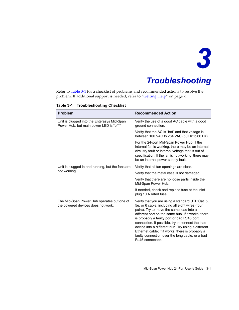 Troubleshooting, Chapter 3: troubleshooting, Troubleshooting checklist -1 | Chapter 3 | Enterasys Networks 24-Port User Manual | Page 21 / 26