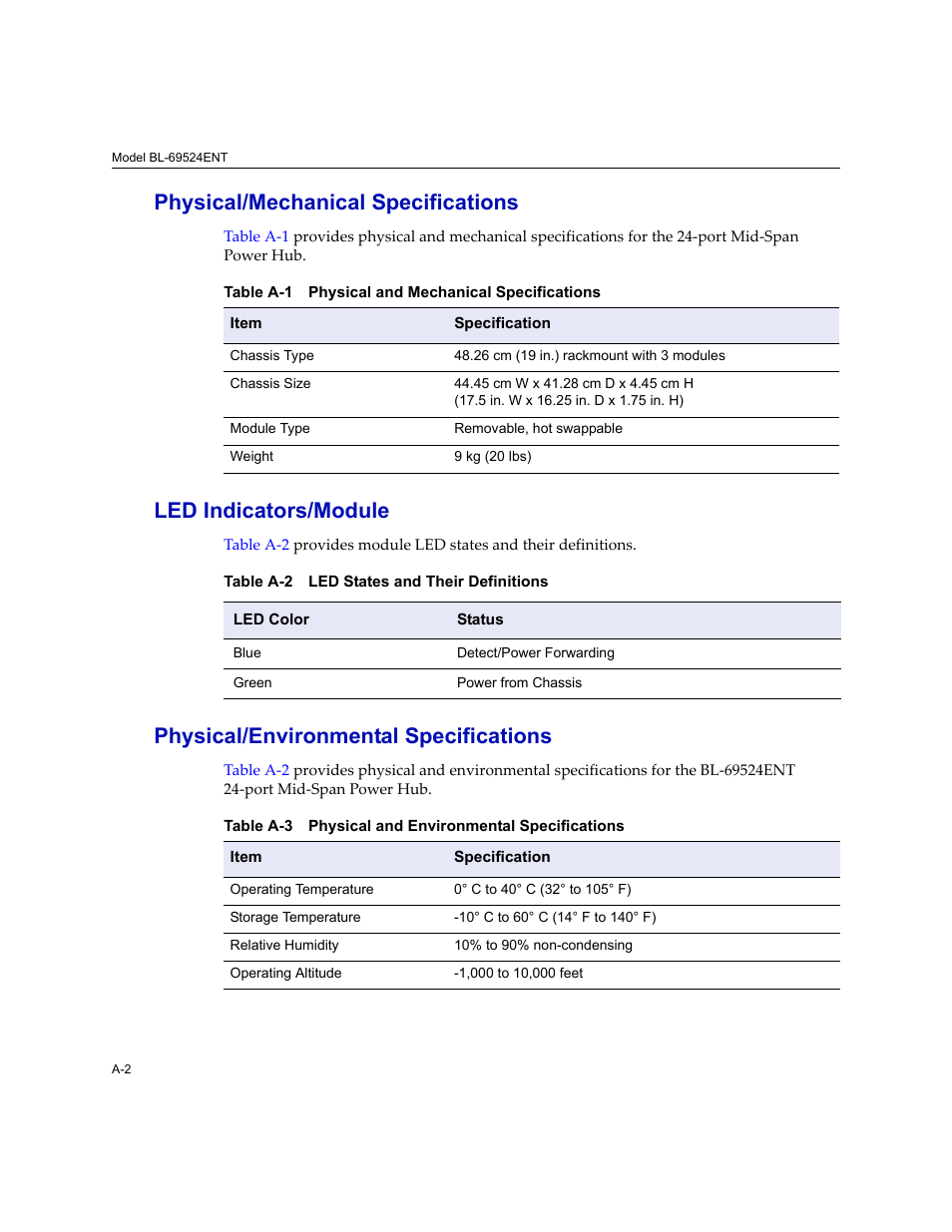 Physical/mechanical specifications, Led indicators/module, Physical/environmental specifications | Enterasys Networks 24-Port User Manual | Page 24 / 26