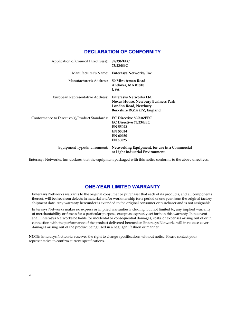 Declaration of conformity, One-year limited warranty | Enterasys Networks 24-Port User Manual | Page 8 / 26