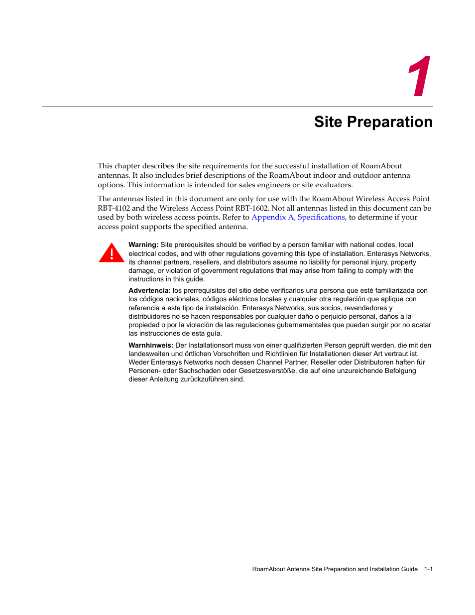 Site preparation, Chapter 1: site preparation | Enterasys Networks ROAMABOUT RBT-1602 User Manual | Page 13 / 92