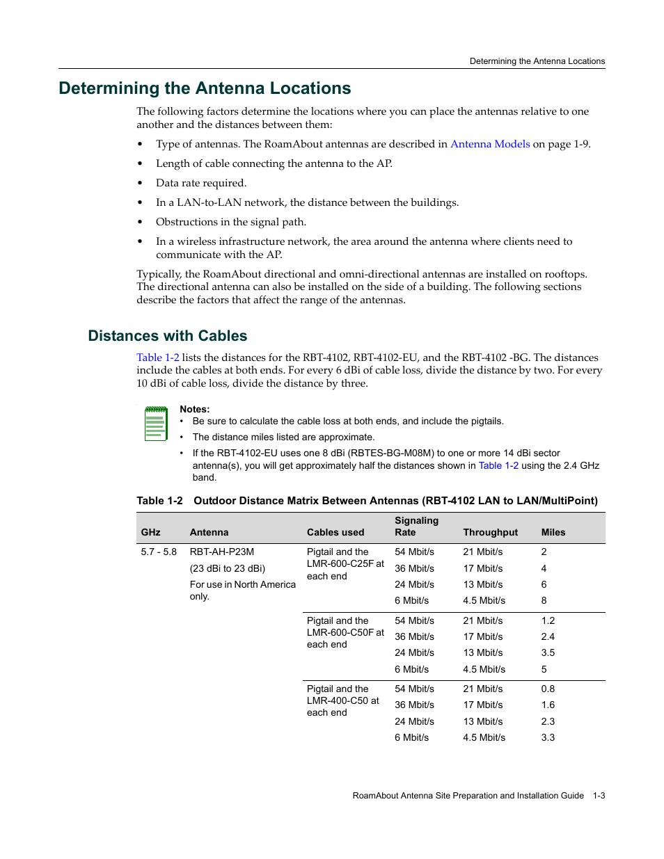 Determining the antenna locations, Distances with cables, Determining the antenna locations -3 | Distances with cables -3 | Enterasys Networks ROAMABOUT RBT-1602 User Manual | Page 15 / 92