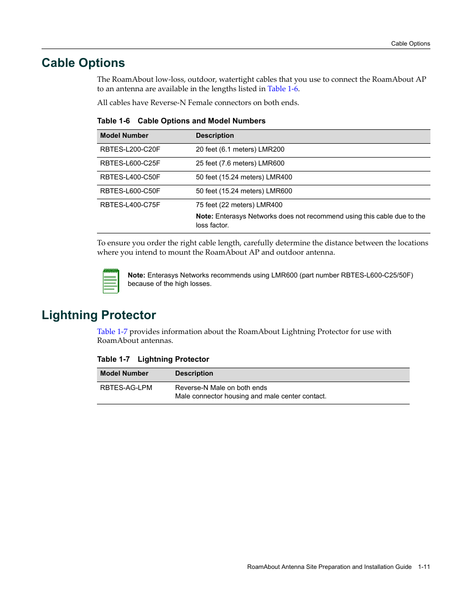 Cable options, Lightning protector, Cable options -11 lightning protector -11 | Cable options and model numbers -11, Lightning protector -11 | Enterasys Networks ROAMABOUT RBT-1602 User Manual | Page 23 / 92