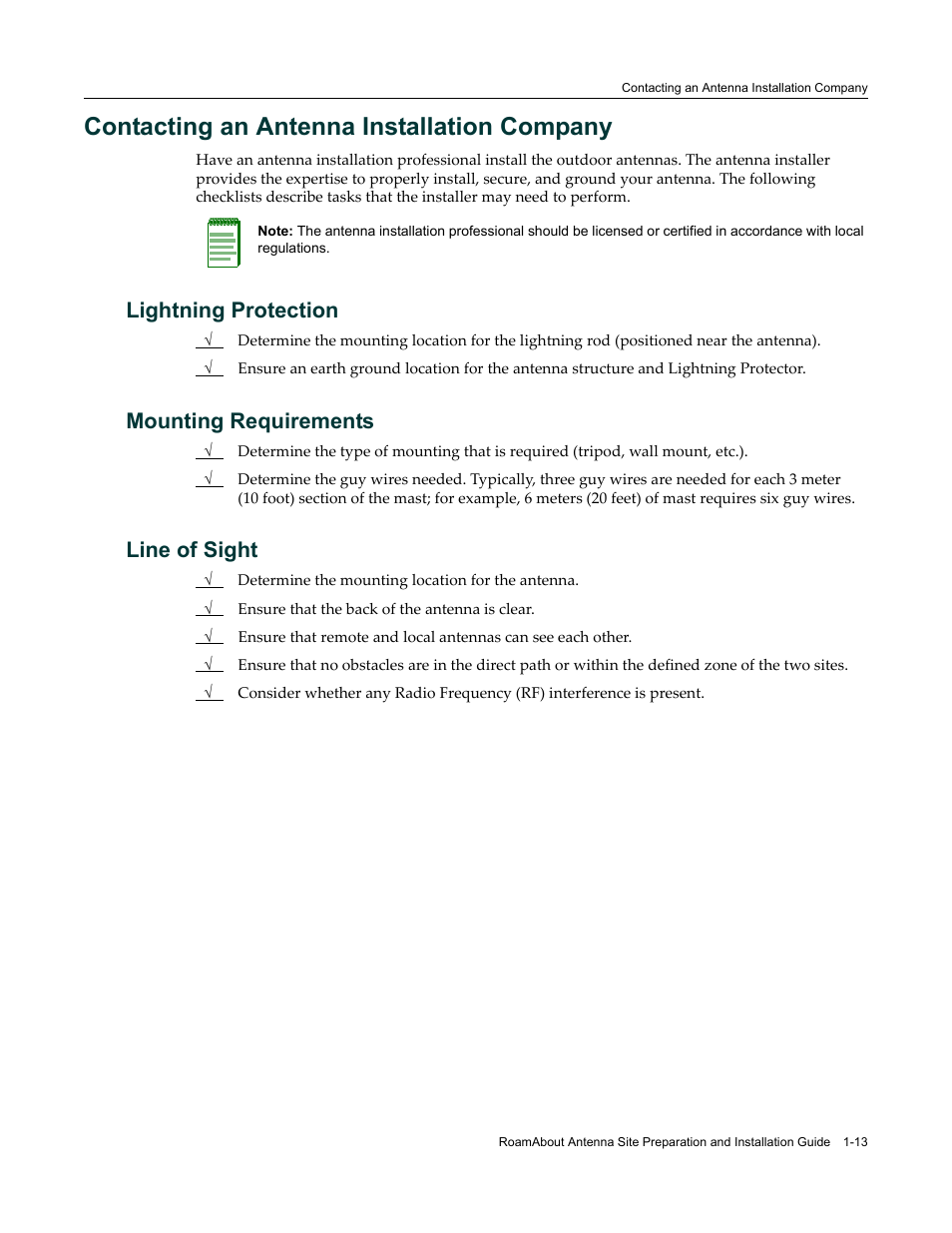 Contacting an antenna installation company, Lightning protection, Mounting requirements | Line of sight, Contacting an antenna installation company -13 | Enterasys Networks ROAMABOUT RBT-1602 User Manual | Page 25 / 92