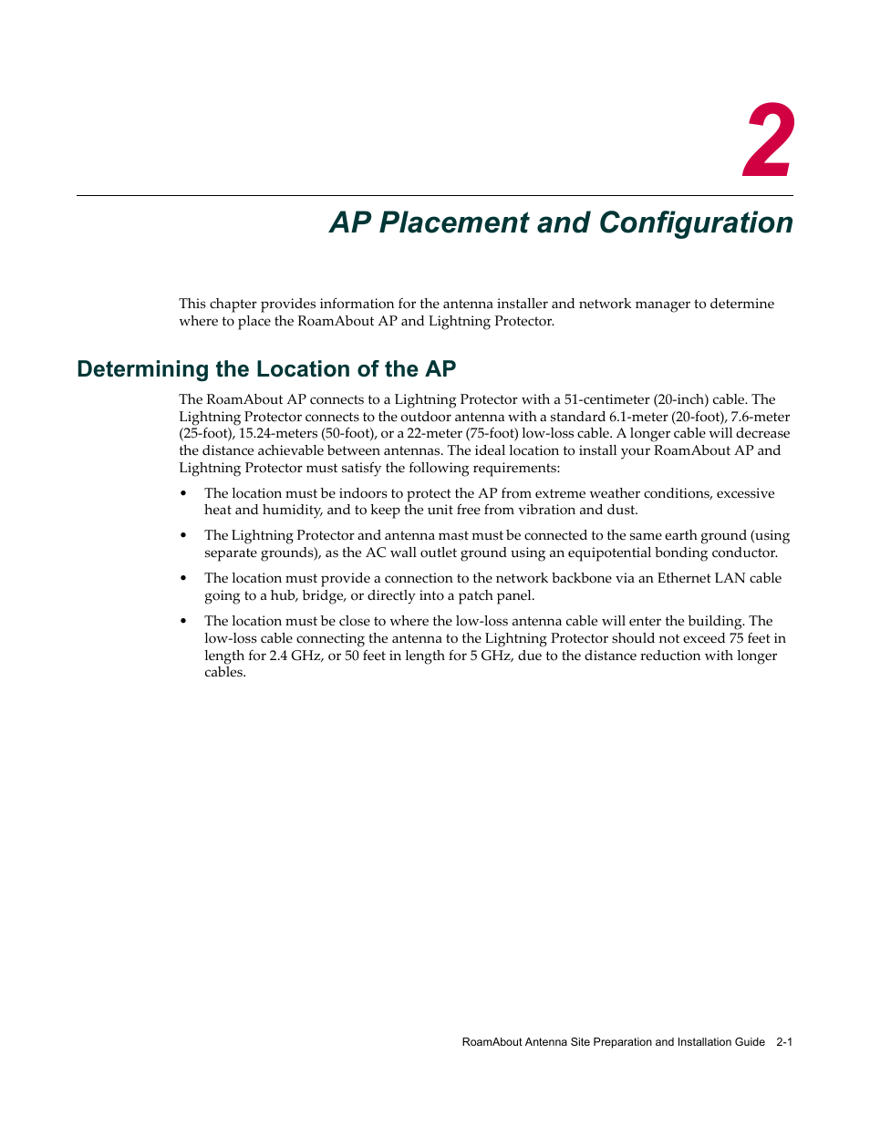 Ap placement and configuration, Determining the location of the ap, Chapter 2: ap placement and configuration | Determining the location of the ap -1 | Enterasys Networks ROAMABOUT RBT-1602 User Manual | Page 27 / 92