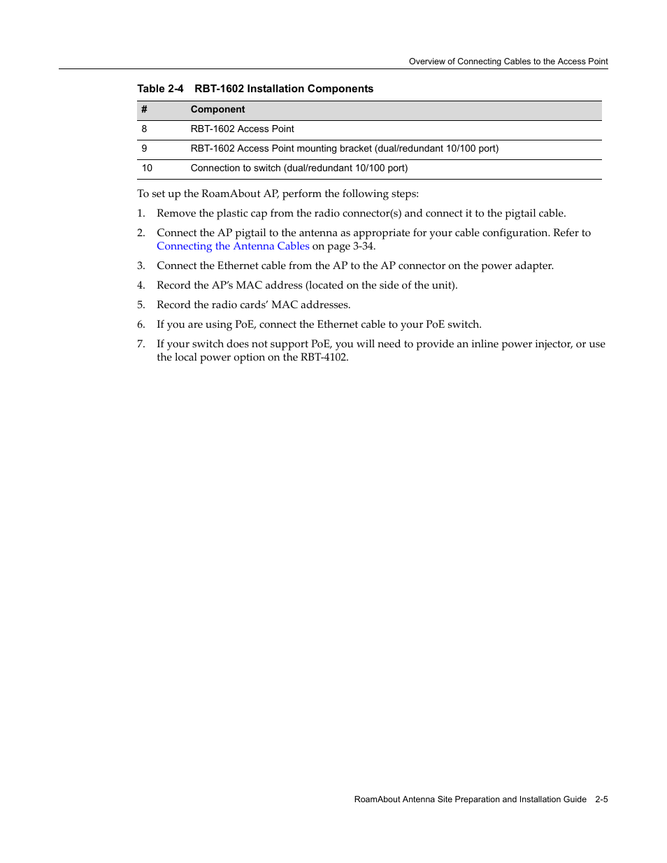 Rbt-1602 installation components -5, Table 2‐4 | Enterasys Networks ROAMABOUT RBT-1602 User Manual | Page 31 / 92