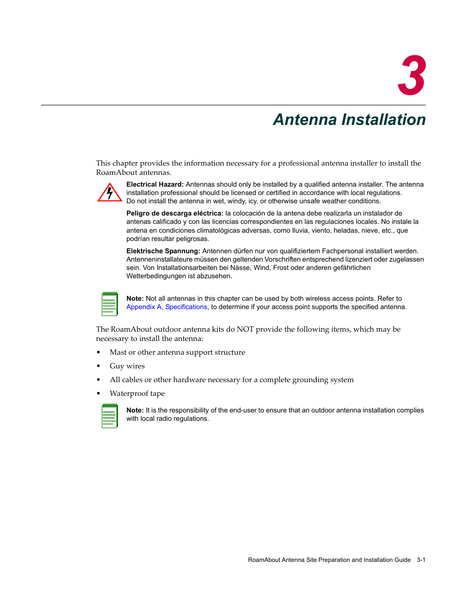 Antenna installation, Chapter 3: antenna installation, Chapter 3 | Enterasys Networks ROAMABOUT RBT-1602 User Manual | Page 33 / 92
