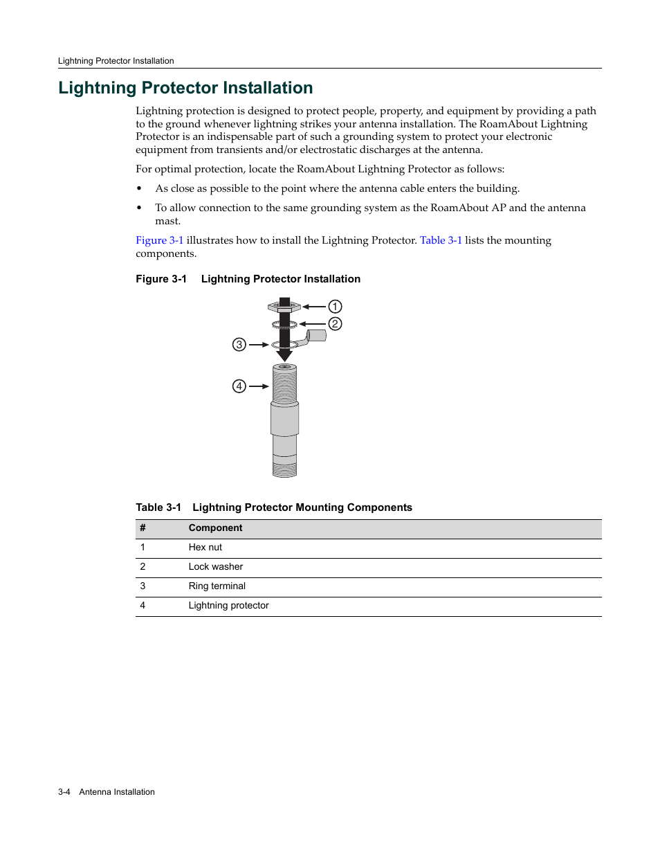 Lightning protector installation, Lightning protector installation -4, Lightning protector mounting components -4 | Enterasys Networks ROAMABOUT RBT-1602 User Manual | Page 36 / 92