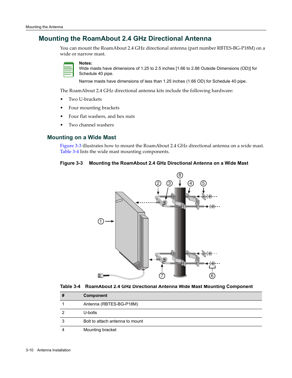 Mounting the roamabout 2.4 ghz directional antenna, Mounting on a wide mast, Mounting on a wide mast -10 | Enterasys Networks ROAMABOUT RBT-1602 User Manual | Page 42 / 92