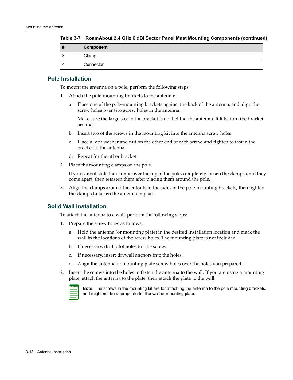 Pole installation, Solid wall installation, Pole installation -18 solid wall installation -18 | Enterasys Networks ROAMABOUT RBT-1602 User Manual | Page 50 / 92